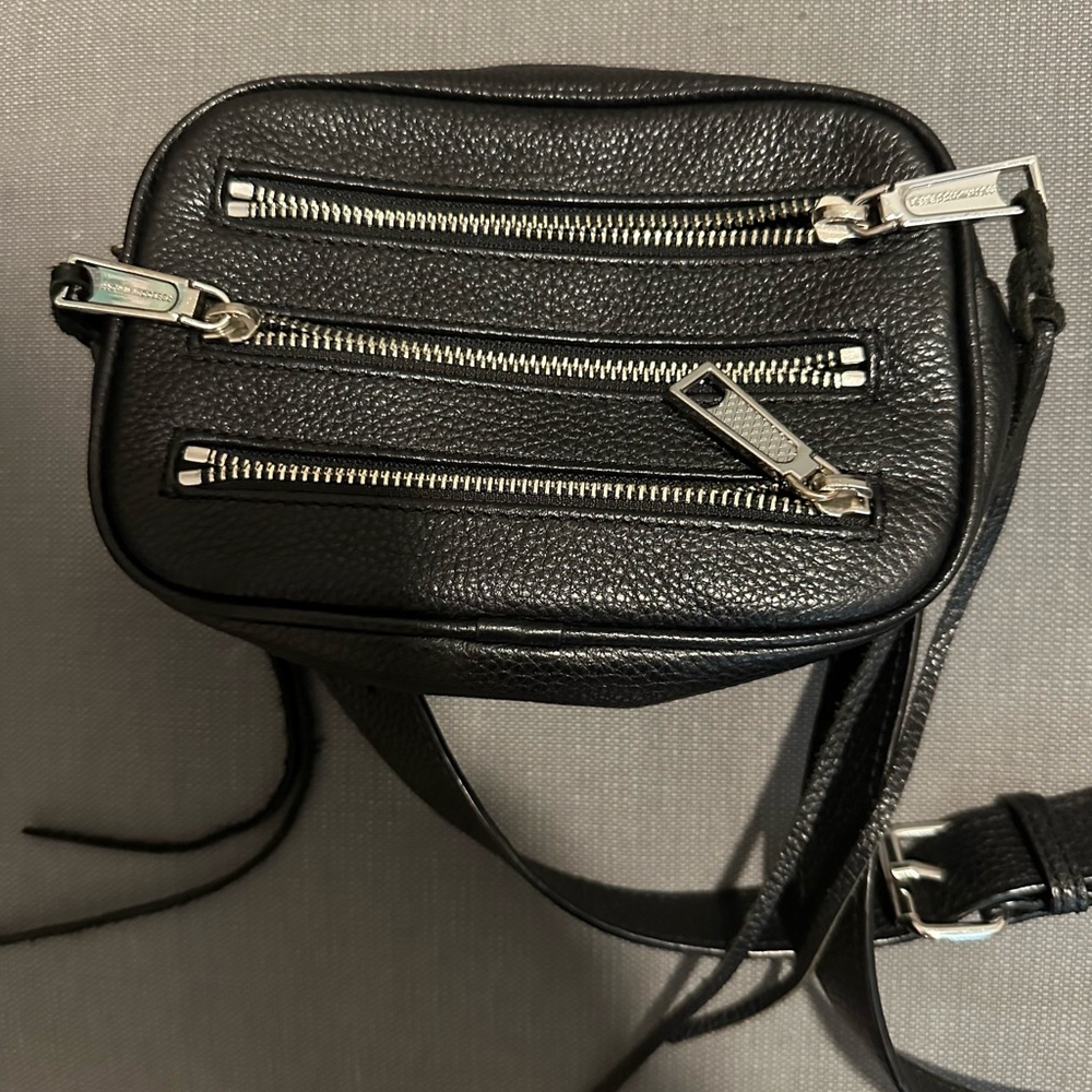 Rebecca Minkoff Black Leather Fanny Pack with Silver Zippers